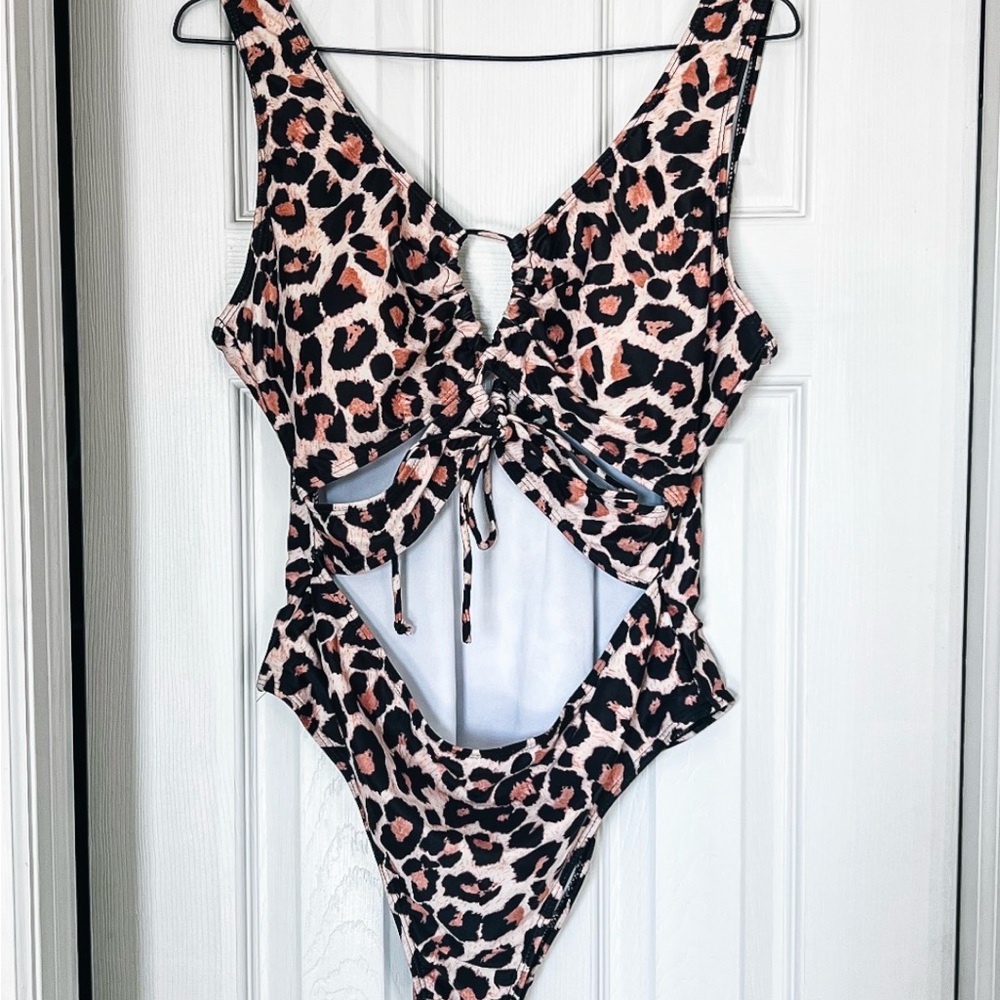 Women’s 0X Leopard Print Swimsuit Cutout Tie Front Cheeky High Leg